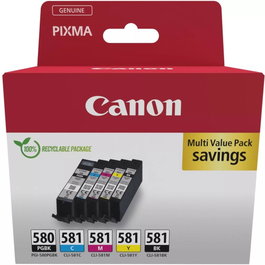 Canon PGI-580 PGBK + CLI-581 Multipack 5 Cartouches d'encre Noir, Cyan, Magenta, Jaune, Pigment Noir – Qualité Photo