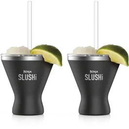 Ninja Verres à cocktail isothermes SLUSHi XSKMRG2BKEUK, Lot de 2, Noir avec couvercles et pailles
