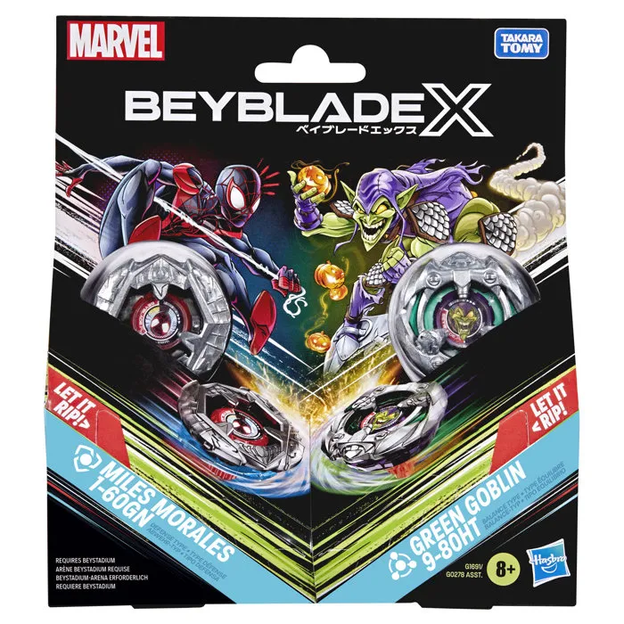 Beyblade X Miles Morales 1-60GN contre Green Goblin 9-80HT