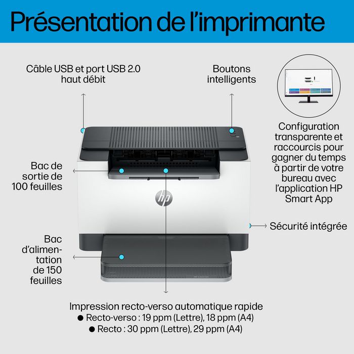 HP M209d LaserJet - Imprimante laser monochrome compacte avec impression recto-verso automatique, jusqu'à 29 ppm, application HP