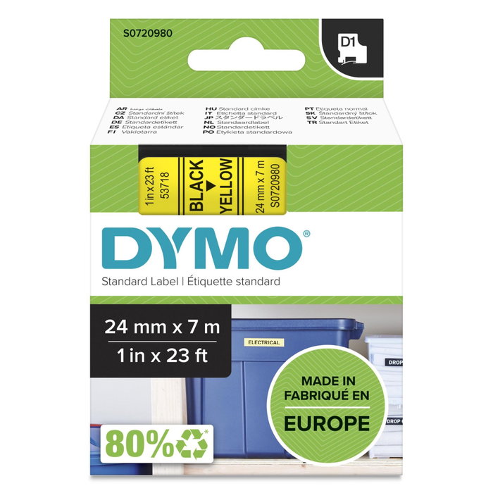 Dymo Ruban d'étiquetage D1 24 mm x 7 m Noir sur Jaune (53718)识别码: S0720980