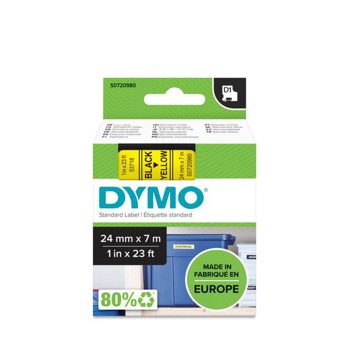 Dymo Ruban d'étiquetage D1 24 mm x 7 m Noir sur Jaune (53718)识别码: S0720980