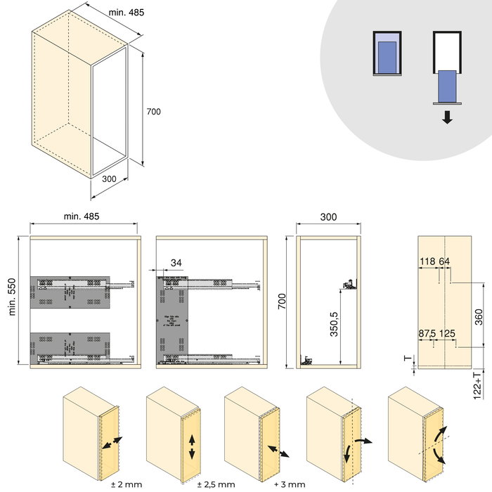 Emuca Chariot extractible avec paniers et panier à pain Harmony avec fermeture à amortie, Module largeur 300mm hauteur 700mm, Acier et Bois, Gris anthracite