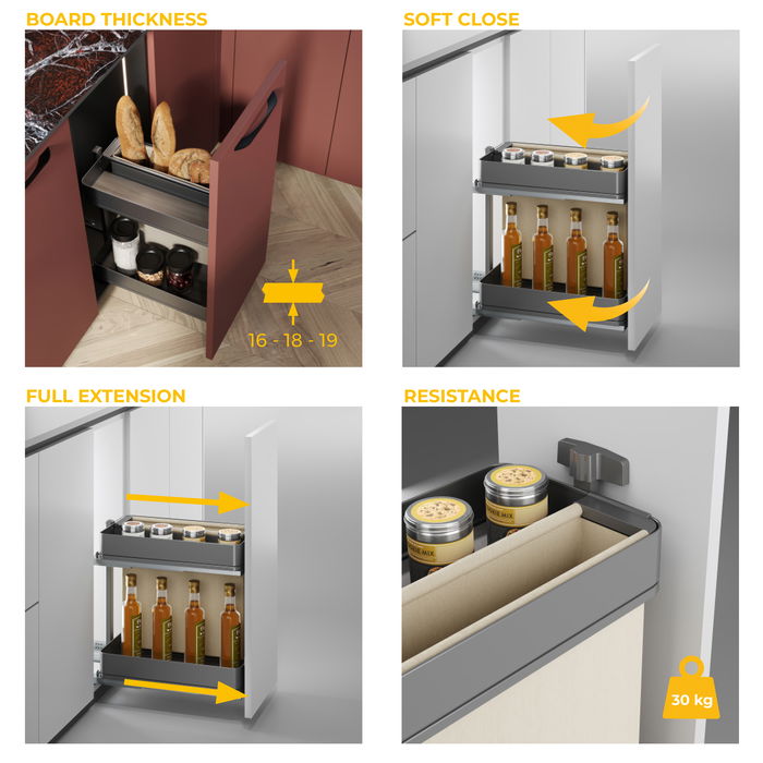 Emuca Chariot extractible avec paniers et panier à pain Harmony avec fermeture à amortie, Module largeur 300mm hauteur 700mm, Acier et Bois, Gris anthracite