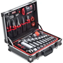 Meister - Coffret à outils aluminium 131 pièces - Ensemble complet avec clés, douilles, tournevis, marteau, niveau et lampe LED pour tous travaux