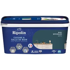 Ripolin - Peinture pour cuisine et salle de bain, bleu Seychelles, 2 L - Pour murs, boiseries, plafonds, radiateurs - Anti-taches, anti-moisissures, bas carbone