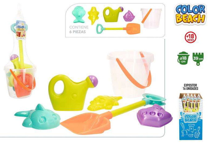 Color Baby - Cube de plage 18 cm avec pelle 39 cm, arrosoir et 3 moules - Pour enfants à partir de 18 mois