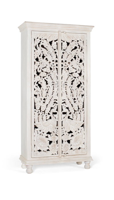 Giner y Colomer - Buffet en bois de manguier massif, finition blanc vieilli, portes sculptées main, 3 étagères - 180x90x40 cm