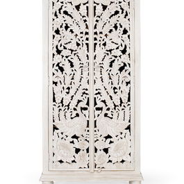 Giner y Colomer - Buffet en bois de manguier massif, finition blanc vieilli, portes sculptées main, 3 étagères - 180x90x40 cm