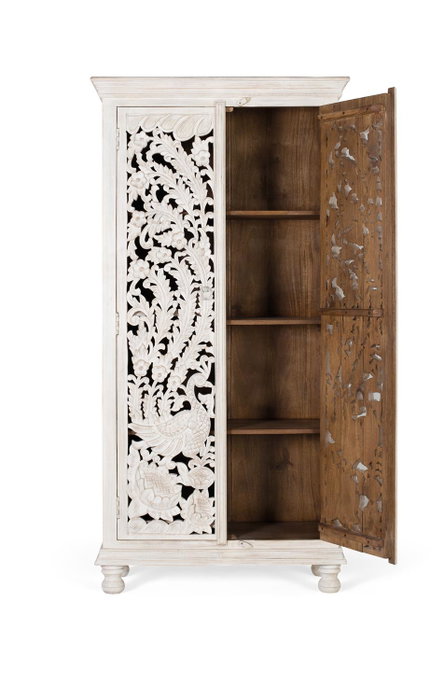 Giner y Colomer - Buffet en bois de manguier massif, finition blanc vieilli, portes sculptées main, 3 étagères - 180x90x40 cm Giner y Colomer - Buffet en bois de manguier massif, finition blanc vieilli, portes sculptées main, 3 étagères - 180x90x40 cm