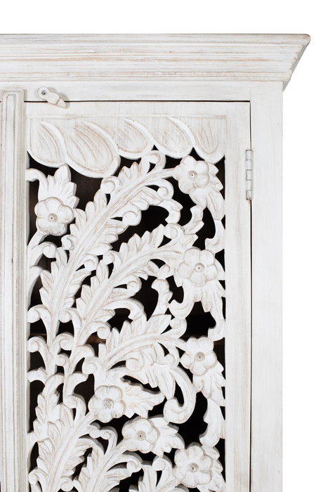 Giner y Colomer - Buffet en bois de manguier massif, finition blanc vieilli, portes sculptées main, 3 étagères - 180x90x40 cm