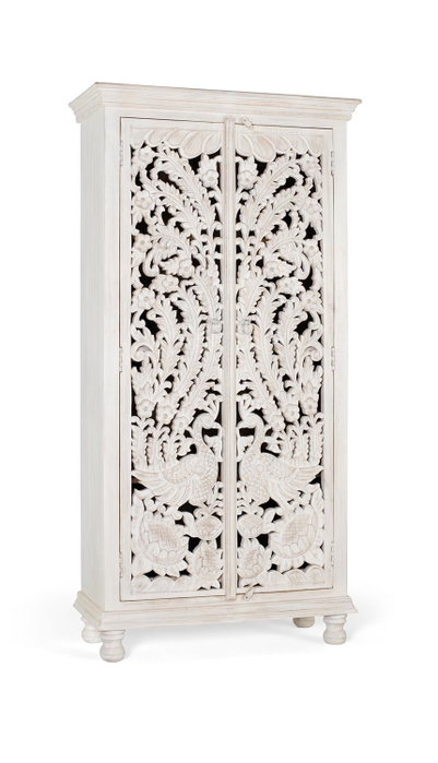 Giner y Colomer - Buffet en bois de manguier massif, finition blanc vieilli, portes sculptées main, 3 étagères - 180x90x40 cm Giner y Colomer - Buffet en bois de manguier massif, finition blanc vieilli, portes sculptées main, 3 étagères - 180x90x40 cm