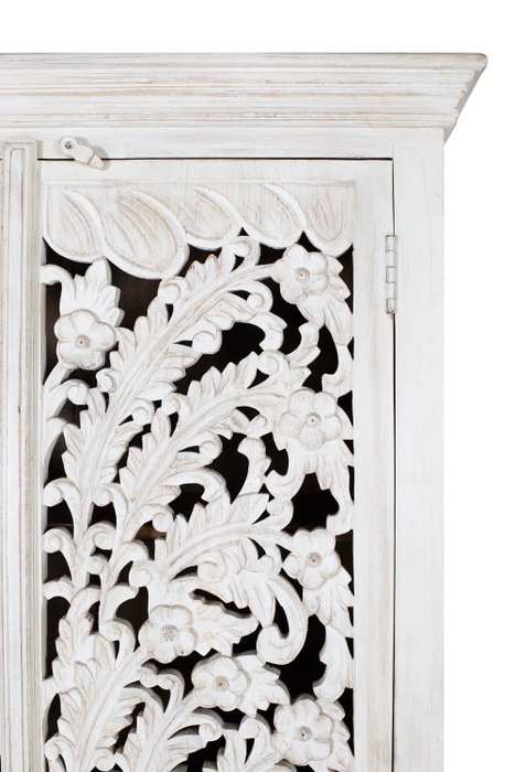 Giner y Colomer - Buffet en bois de manguier massif, finition blanc vieilli, portes sculptées main, 3 étagères - 180x90x40 cm Giner y Colomer - Buffet en bois de manguier massif, finition blanc vieilli, portes sculptées main, 3 étagères - 180x90x40 cm