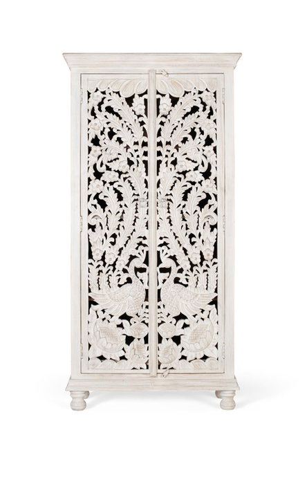 Giner y Colomer - Buffet en bois de manguier massif, finition blanc vieilli, portes sculptées main, 3 étagères - 180x90x40 cm Giner y Colomer - Buffet en bois de manguier massif, finition blanc vieilli, portes sculptées main, 3 étagères - 180x90x40 cm