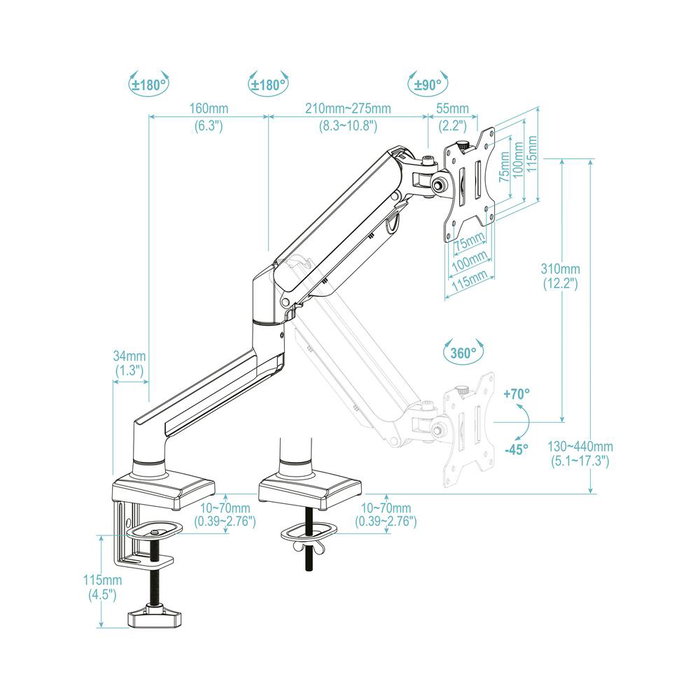Tooq DB1334TNR-B Support de bureau pour moniteur 13-34 pouces VESA 75x75/100x100, bras réglable avec piston à gaz, noir