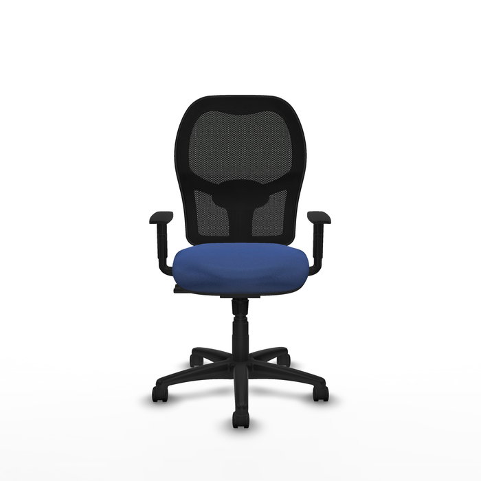 Chaise Alocén Synchro 3 positions tissu Bleu foncé Maille Noir Structure polyamide noire Accoudoir 1D Sans appui-tête Roulettes en nylon 50 mm