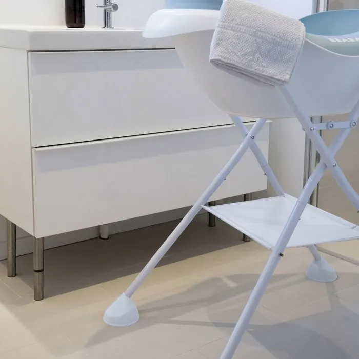 Beaba - Support de pied pour baignoire Camélé'O - Support réglable et pliable, blanc, avec tuyau de vidange et zone de rangement textile