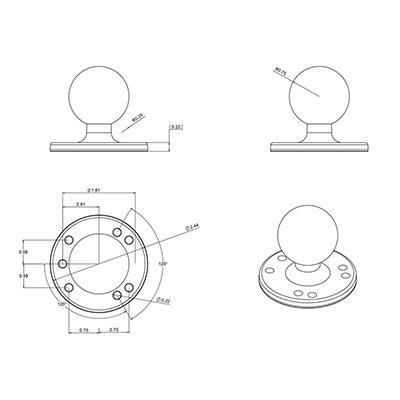 RAM Mounts RAM-202U Plaque ronde avec boule de support 2.5" - Boule caoutchouc 1.5" de taille C - Motif de trous AMPS universel