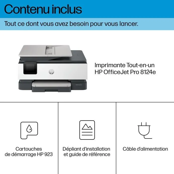 HP OfficeJet Pro 8124e - Imprimante multifonctions tout-en-un couleur jet d'encre sans fil, 20 ppm, format jusqu'à Legal, 225 feuilles, 3 mois Instant Ink inclus avec HP+