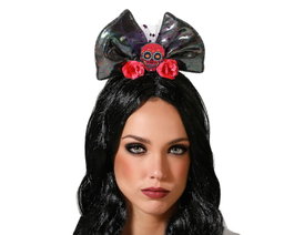 Atosa Serre-tête avec Nœud Noir et Crâne aux Roses Fuchsia pour la Mort Douce