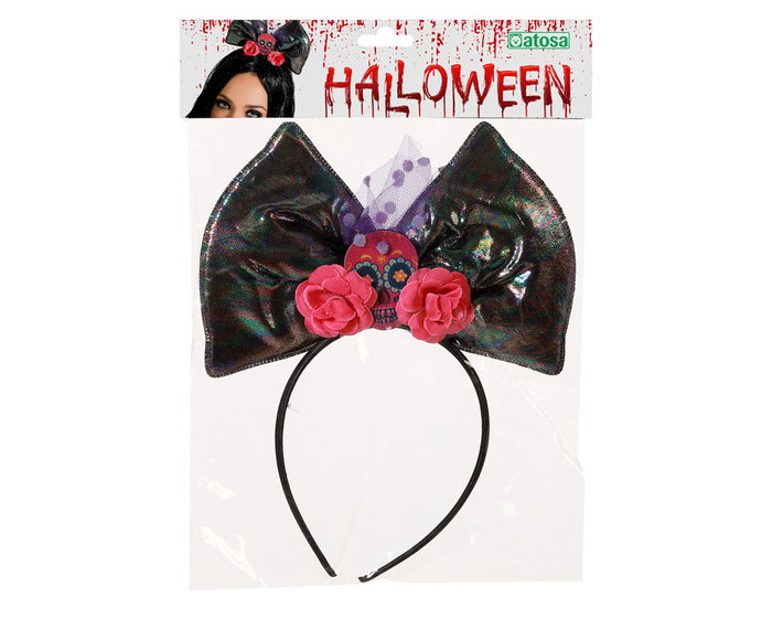Diadème pour Catrina avec Moire Noire et Crâne Décoration Roses Fucsias, Accessoire pour Día de los Muertos, Fêtes Halloween et Déguisements