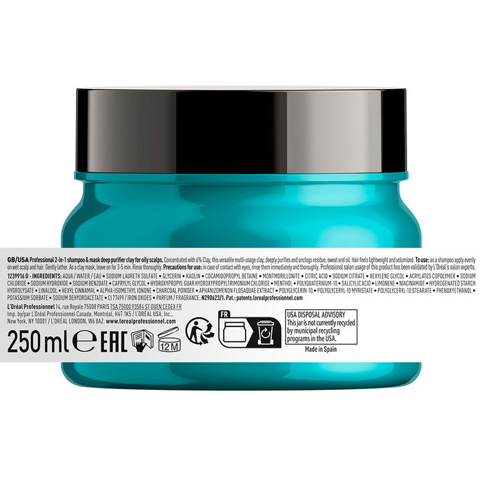 L'Oréal Professionnel Paris SCALP ADVANCED Shampooing et Masque Purifiant 2 en 1 - Soin Cuir Chevelu Gras 250 ml
