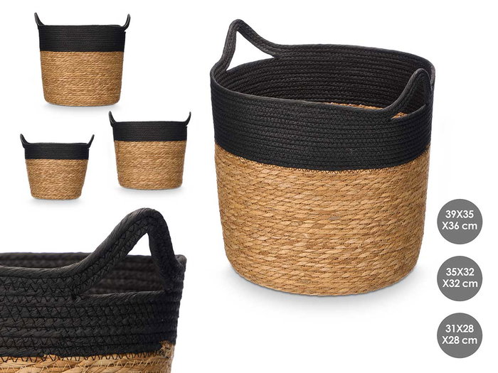 Giftdecor Set de 3 Cestos Ronds 36 cm de Haut Noir et Naturel en Papier et Fibre d'Esparto (Set de 2) Giftdecor Set de 3 Cestos Ronds 36 cm de Haut Noir et Naturel en Papier et Fibre d'Esparto (Set de 2)