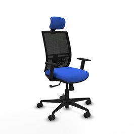 Chaise Yunquera Synchro 4 positions tissu Bleu Maille Noir Base en nylon noir Accoudoir 1D Appui-tête 1D Roulettes 65mm nylon