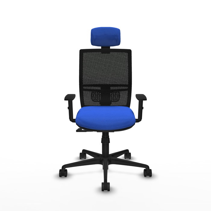Chaise Yunquera Synchro 4 positions tissu Bleu Maille Noir Base en nylon noir Accoudoir 1D Appui-tête 1D Roulettes 65mm nylon