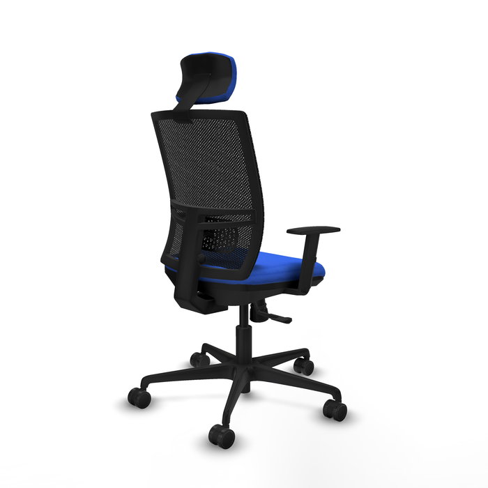 Chaise Yunquera Synchro 4 positions tissu Bleu Maille Noir Base en nylon noir Accoudoir 1D Appui-tête 1D Roulettes 65mm nylon