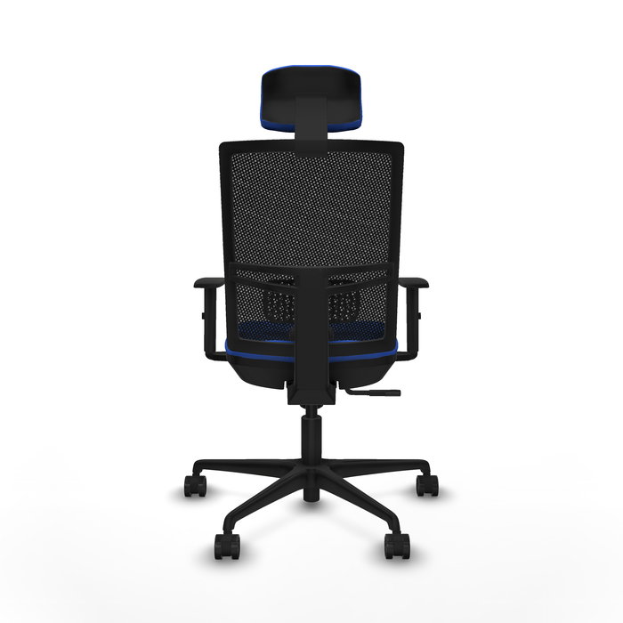 Chaise Yunquera Synchro 4 positions tissu Bleu Maille Noir Base en nylon noir Accoudoir 1D Appui-tête 1D Roulettes 65mm nylon