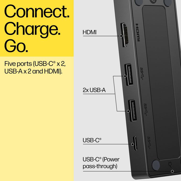 HP Concentrateur USB-C de voyage G3 (5 ports : 2x USB-C, 2x USB-A, 1x HDMI 4K 60 Hz) pour Windows, Mac, Chrome, iOS, Android - Compatible alimentation pass-through HP Concentrateur USB-C de voyage G3 (5 ports : 2x USB-C, 2x USB-A, 1x HDMI 4K 60 Hz) pour Windows, Mac, Chrome, iOS, Android - Compatible alimentation pass-through