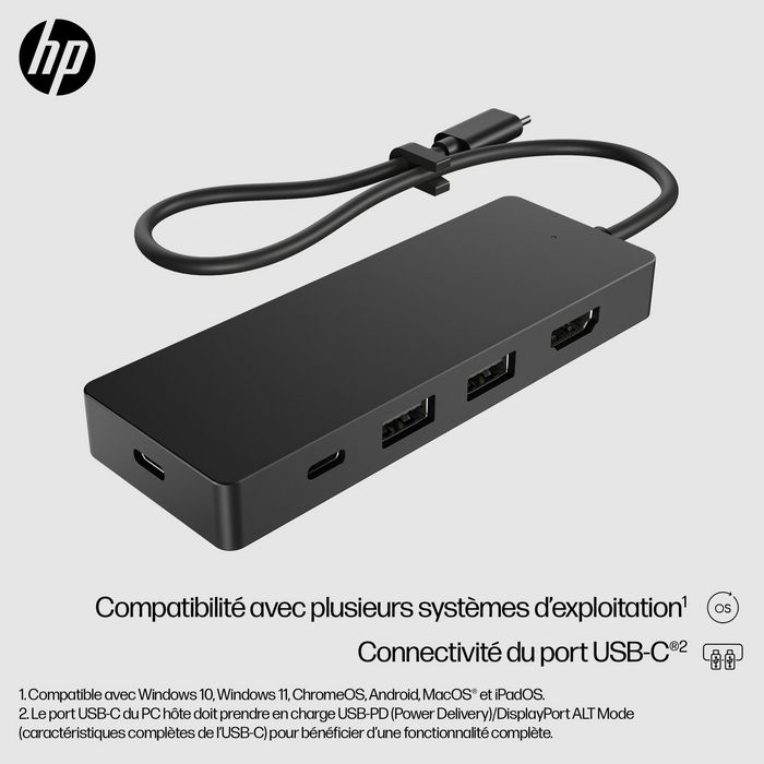 HP Concentrateur USB-C de voyage G3 (5 ports : 2x USB-C, 2x USB-A, 1x HDMI 4K 60 Hz) pour Windows, Mac, Chrome, iOS, Android - Compatible alimentation pass-through HP Concentrateur USB-C de voyage G3 (5 ports : 2x USB-C, 2x USB-A, 1x HDMI 4K 60 Hz) pour Windows, Mac, Chrome, iOS, Android - Compatible alimentation pass-through