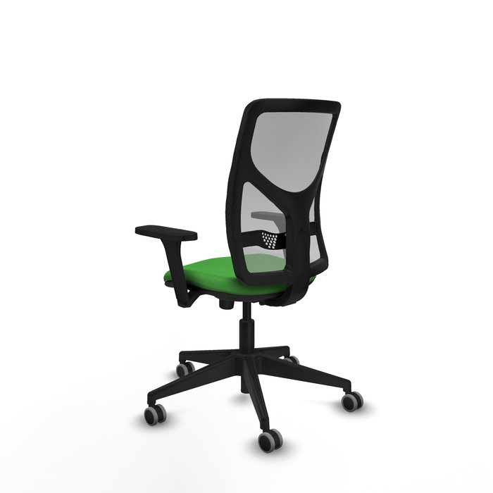 Chaise Motilla Synchro 3 positions tissu Vert Maille Gris Base pyramidale noire Accoudoir 3D Sans appui-tête Roulettes 65mm pour moquette