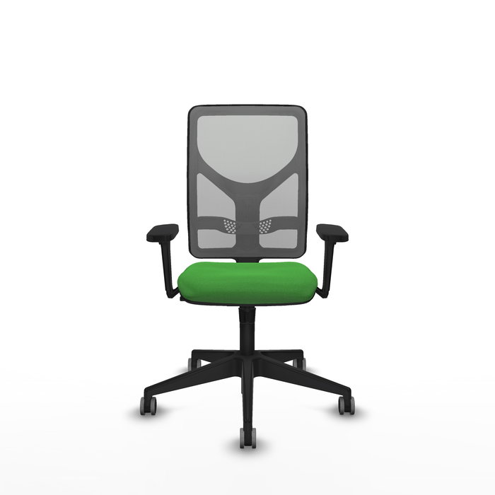 Chaise Motilla Synchro 3 positions tissu Vert Maille Gris Base pyramidale noire Accoudoir 3D Sans appui-tête Roulettes 65mm pour moquette