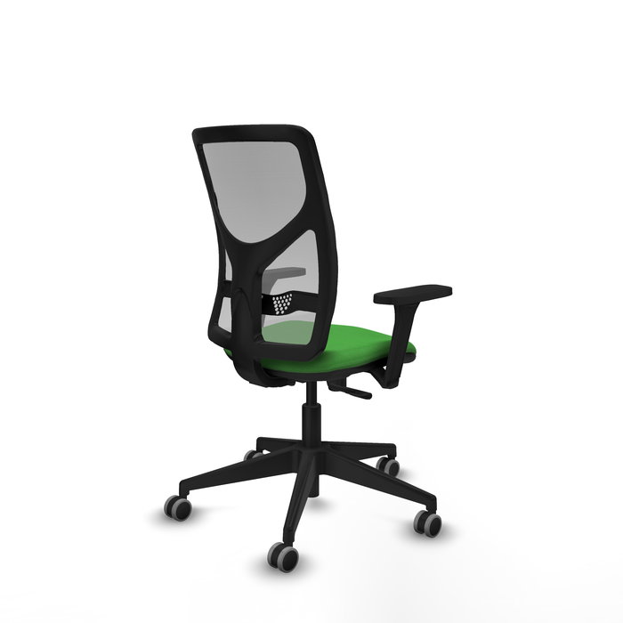 Chaise Motilla Synchro 3 positions tissu Vert Maille Gris Base pyramidale noire Accoudoir 3D Sans appui-tête Roulettes 65mm pour moquette
