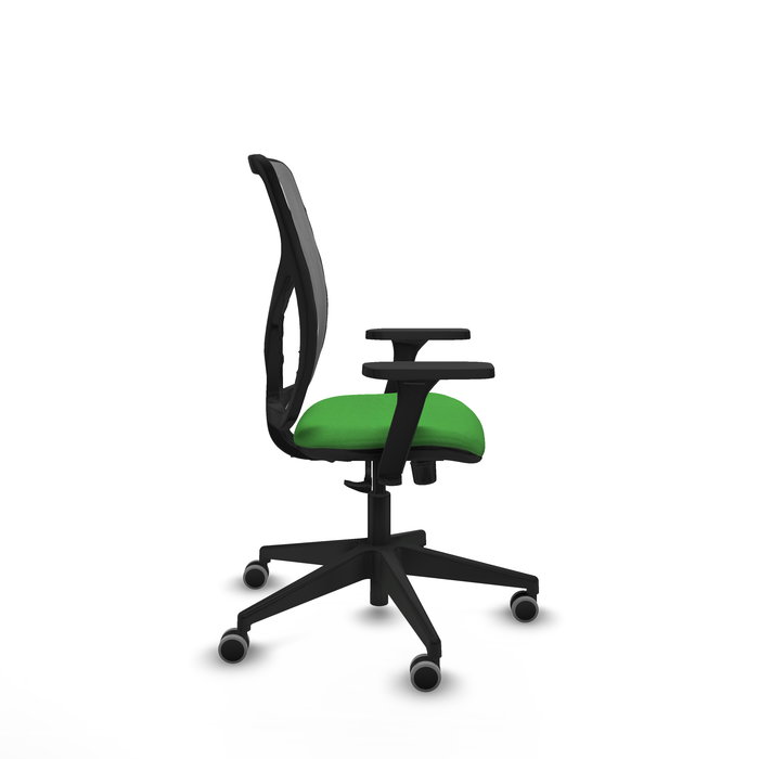 Chaise Motilla Synchro 3 positions tissu Vert Maille Gris Base pyramidale noire Accoudoir 3D Sans appui-tête Roulettes 65mm pour moquette