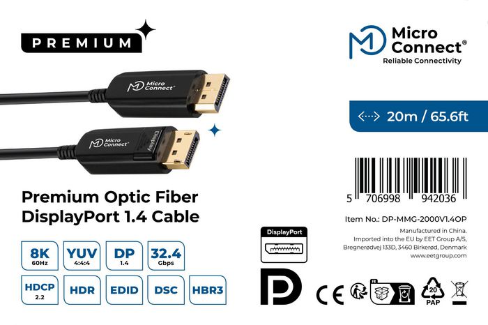 MicroConnect Câble DisplayPort 1.4 en fibre optique 20m