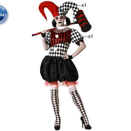 Déguisement Arlequin Femme Adulte Noir et Blanc avec Veste à Losanges et Chapeau Pointu - Taille XS-S - Pour Halloween, Théâtre et Carnaval
