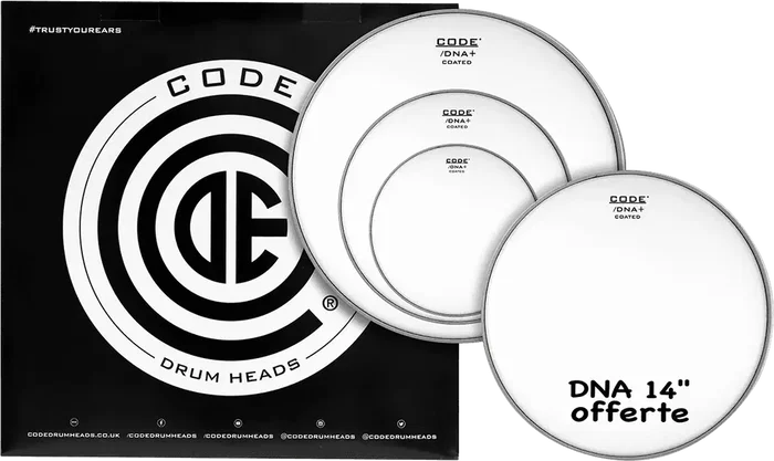 CODE Tom Pack Code Dna Blanco Rock / American Fusion (10,12,16" + Dna 14") - Peaux de Batterie Vintage Blanc Rugueux 10 mil