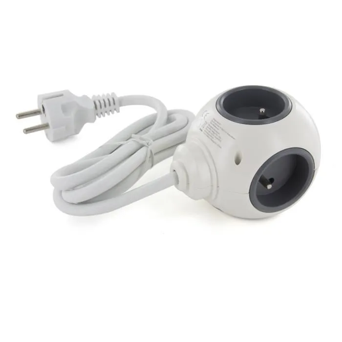Chacon PowerBall Extended - Bloc multiprise sphérique avec 4 prises 16A/250V et 2 ports USB 2.1A - Cordon 1.5m - Sécurité enfant - 3680W