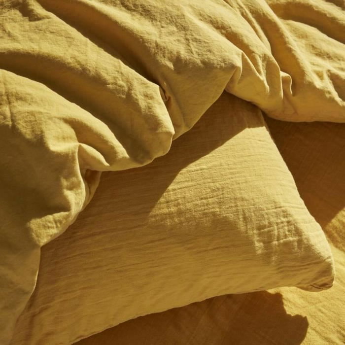 Today Parure de lit bi-matière gaze de coton unie Ocre