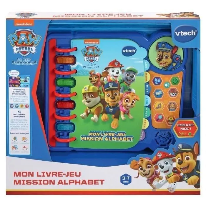 Vtech - Mon livre-jeu mission alphabet Pat Patrouille - Livre interactif éducatif avec boutons lumineux, Chase, 14 pages - Langue française