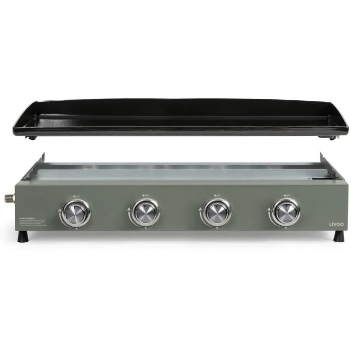 Livoo DOC325 Plancha à Gaz 4 Brûleurs, 10 kW, Plaque Amovible 78.5 x 34.5 cm (Vert/Noir) pour Cuisine Extérieure - 83.5 x 47 x 24 cm