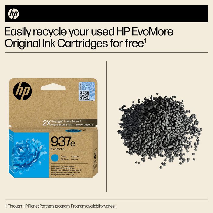 HP Cartouche d'encre authentique EvoMore Cyan 937e - Haute capacité (env. 1650 pages) pour OfficeJet Pro 9120e, 9130e, 9720, 9730 HP Cartouche d'encre authentique EvoMore Cyan 937e - Haute capacité (env. 1650 pages) pour OfficeJet Pro 9120e, 9130e, 9720, 9730