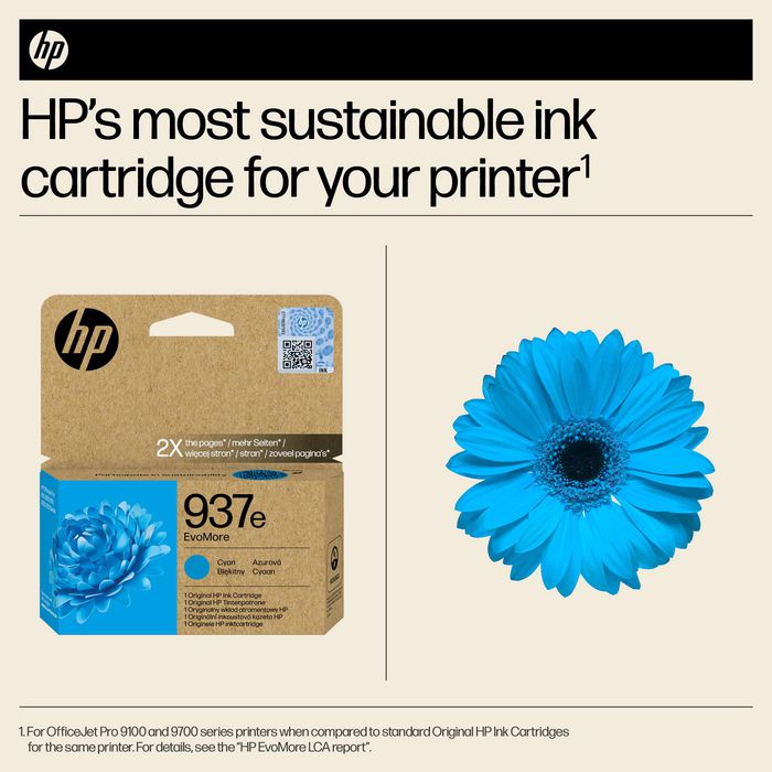 HP Cartouche d'encre authentique EvoMore Cyan 937e - Haute capacité (env. 1650 pages) pour OfficeJet Pro 9120e, 9130e, 9720, 9730 HP Cartouche d'encre authentique EvoMore Cyan 937e - Haute capacité (env. 1650 pages) pour OfficeJet Pro 9120e, 9130e, 9720, 9730