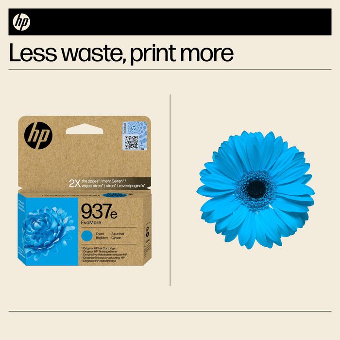 HP Cartouche d'encre authentique EvoMore Cyan 937e - Haute capacité (env. 1650 pages) pour OfficeJet Pro 9120e, 9130e, 9720, 9730 HP Cartouche d'encre authentique EvoMore Cyan 937e - Haute capacité (env. 1650 pages) pour OfficeJet Pro 9120e, 9130e, 9720, 9730