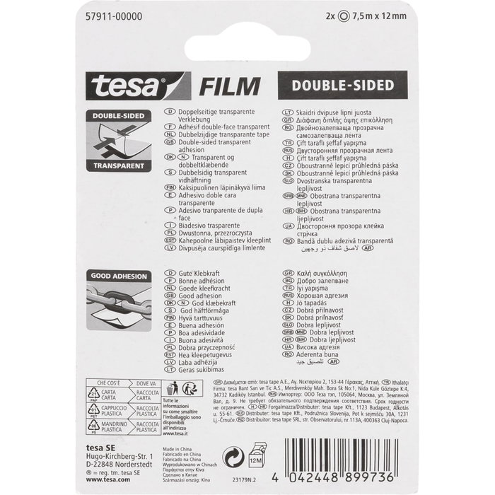 Tesa Ruban adhésif double face transparent 7,5 m x 12 mm (Lot de 2)