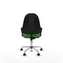 Chaise de bureau Algarra avec mécanisme de contact permanent de base, recouverte de tissu vert. Équipée d'une base chromée, d'accoudoirs fixes et de roulettes pour parquet.