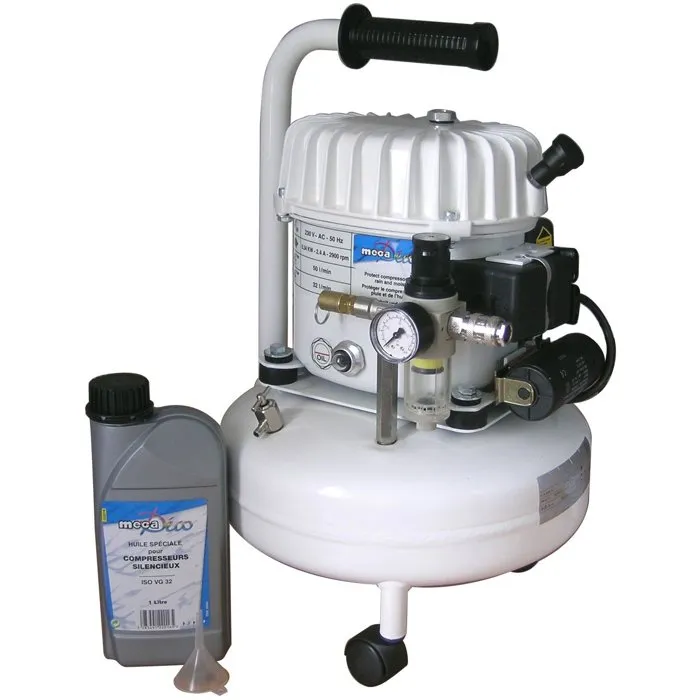 Mecafer Compresseur Horizontal Silencieux 9L avec Huile Entonnoir et Roulettes